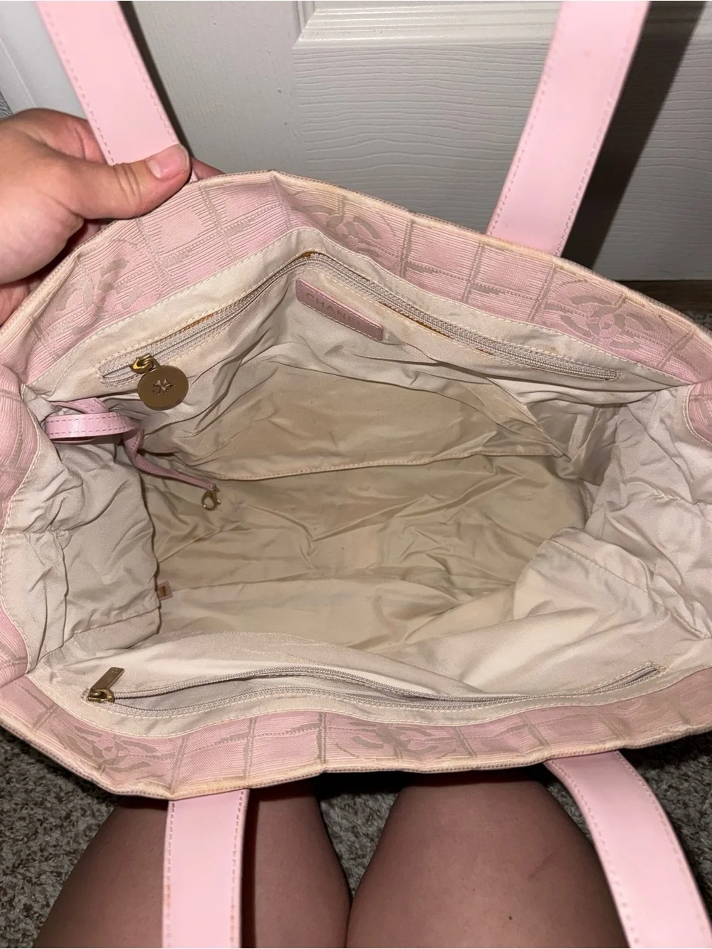 Vintage CHANEL Pink Signature Canvas Tote with Leather Handles